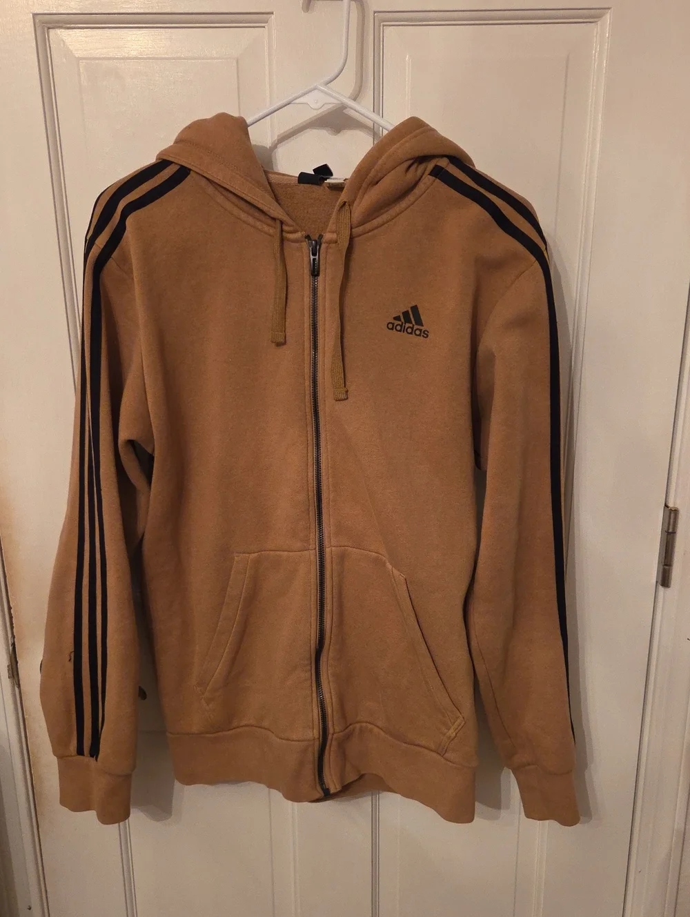 adidas Men’s Tan Zip-Up Hoodie with Black Three Stripes